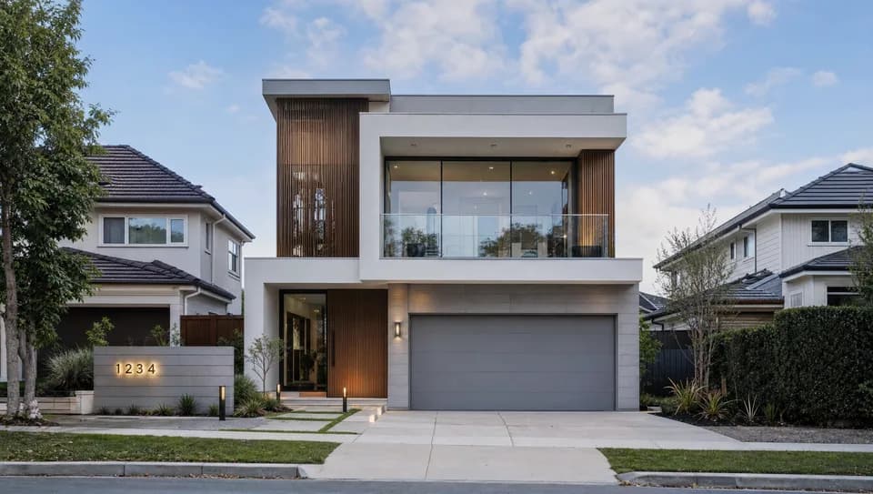 Eye-level view of a two-storey house with white render, timber screening and a paved driveway, late afternoon.